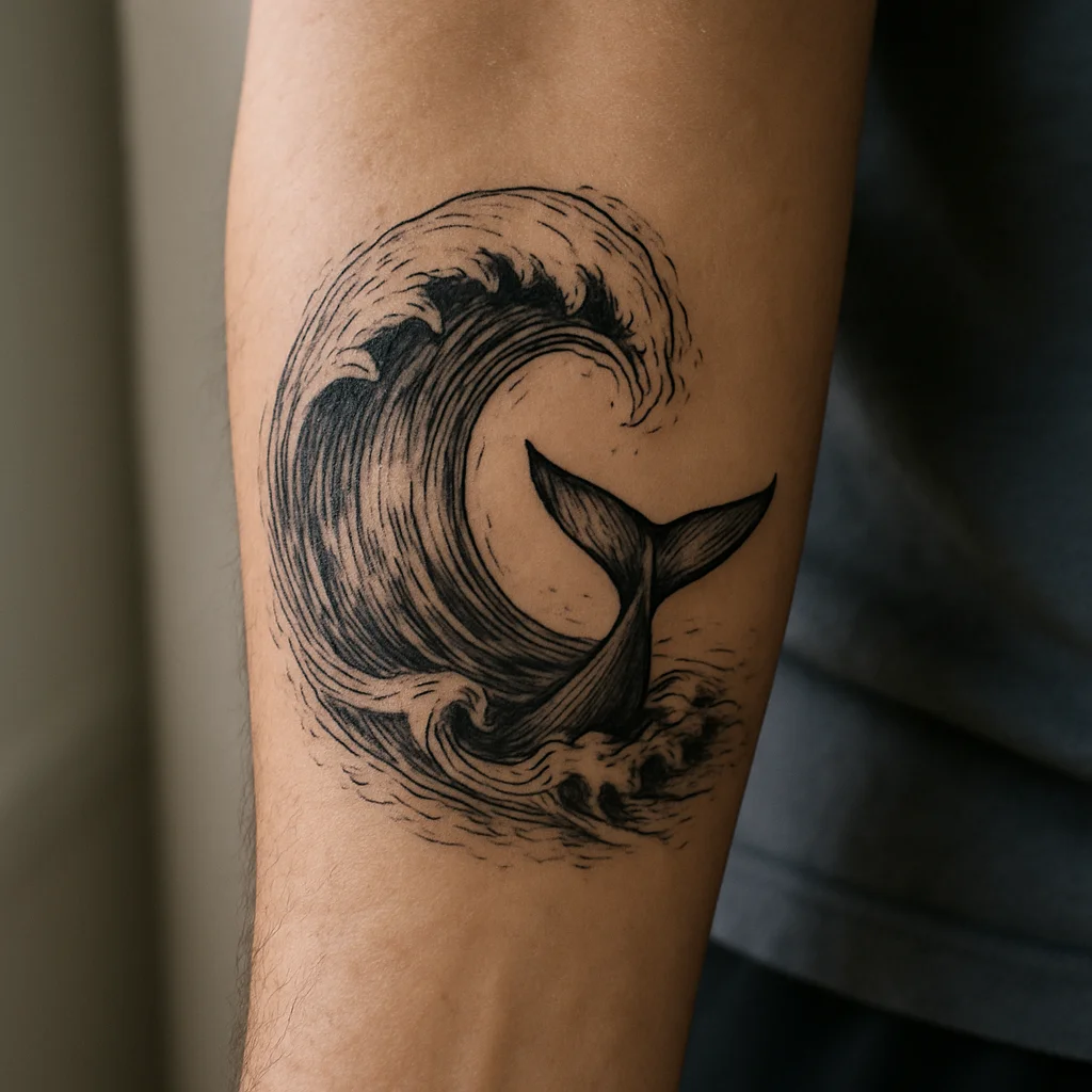 Ocean swell and whale fluke tattoo wrapping a woman's forearm in low-key black and grey
