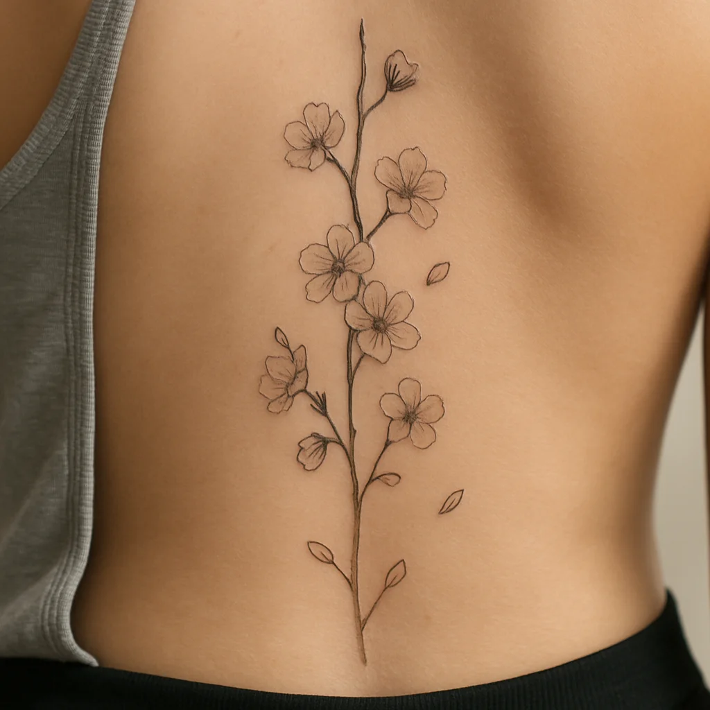 Off-centre cherry blossom branch fine-line tattoo running beside the spine with petals crossing the midline