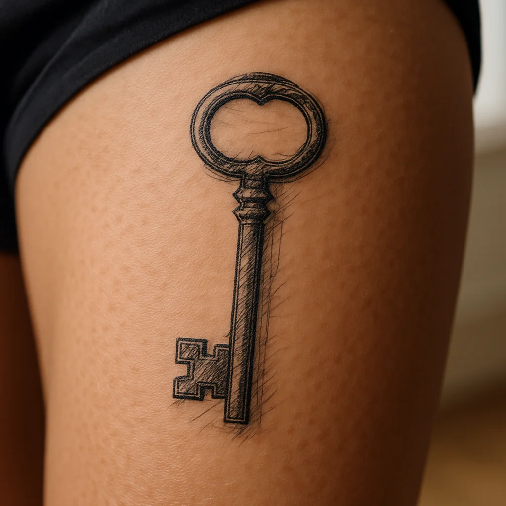 Old-fashioned key with loop and two teeth, illustrative tiny tattoo on thigh