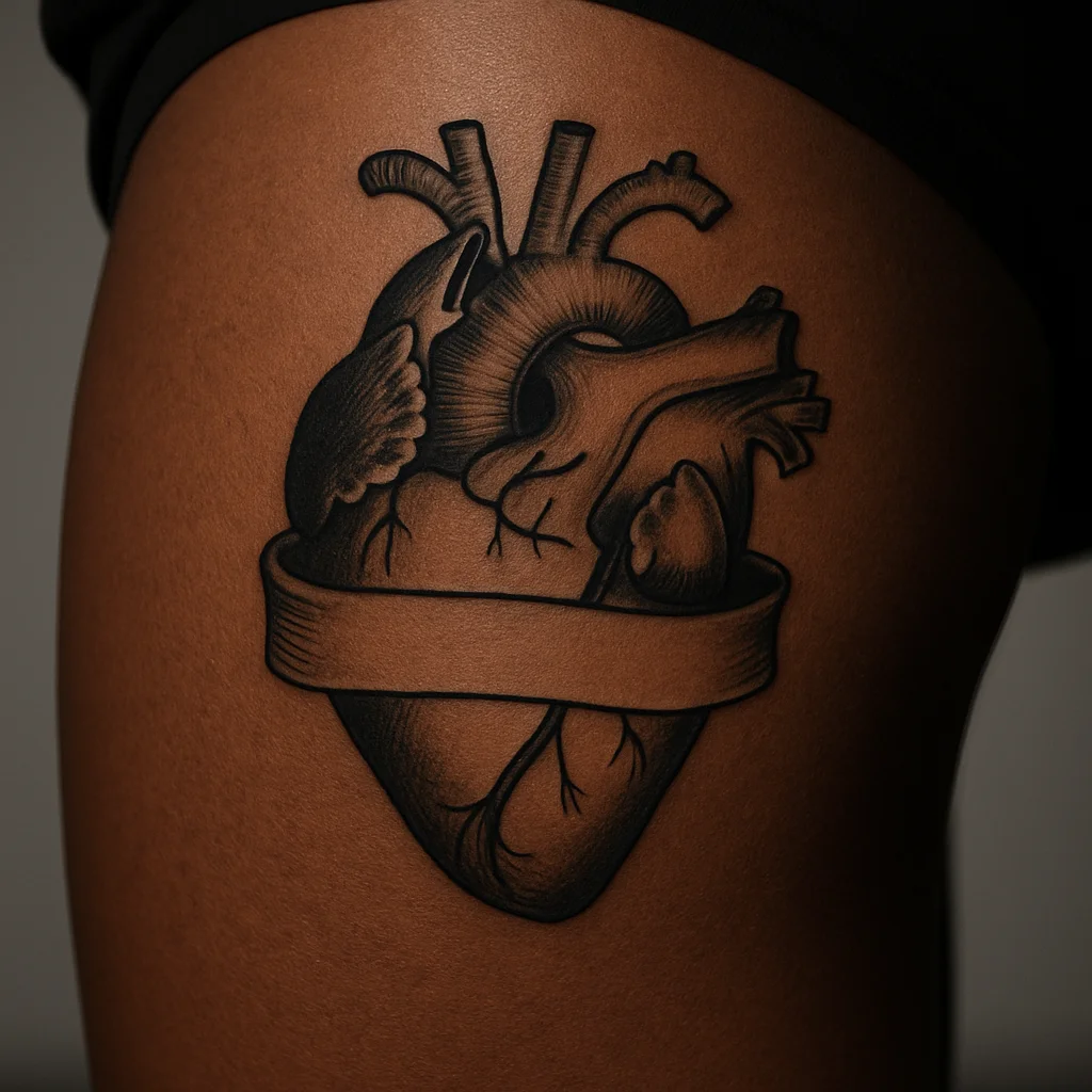 Old-school anatomical heart with ribbon banner tattooed on the front thigh