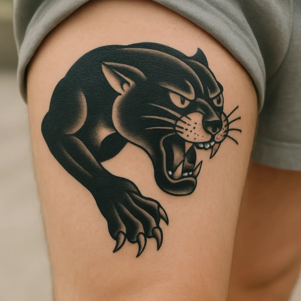 Old-school snarling panther head tattoo crawling diagonally down a man's front thigh
