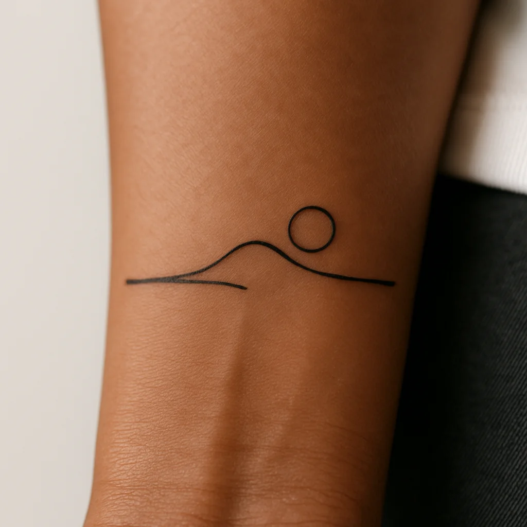 One-line horizon and sun tattoo in minimalist style along the side of the wrist