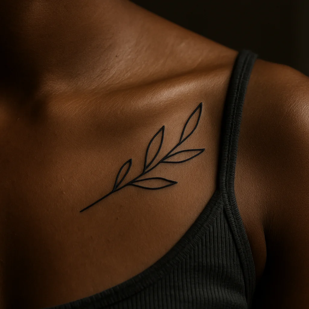One-line olive branch tattoo in minimalist style along the collarbone