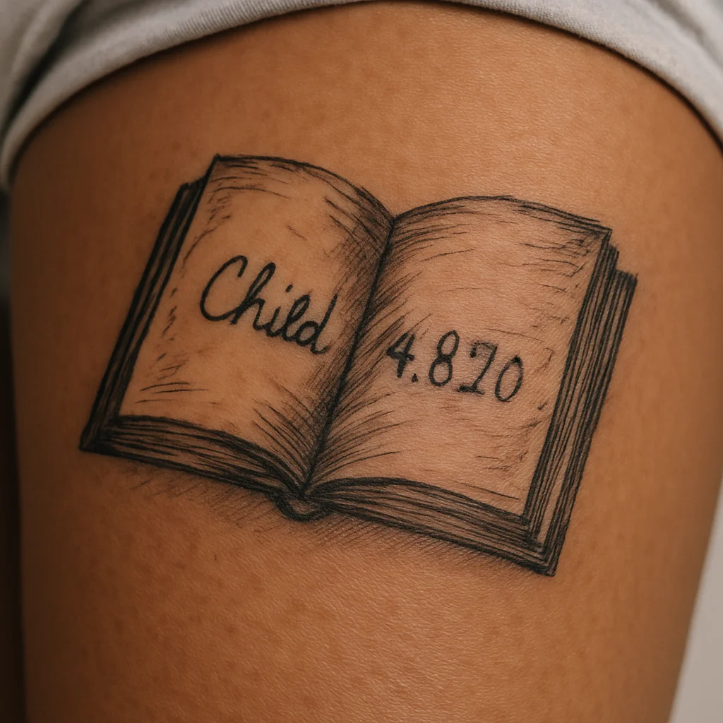 Open book tattoo with children's names and birthdates on each page, illustrative thigh piece