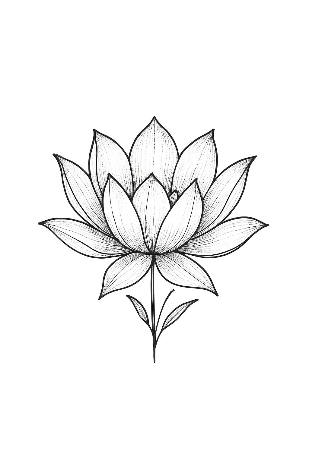 Open lotus flower tattoo design, black fine-line flash