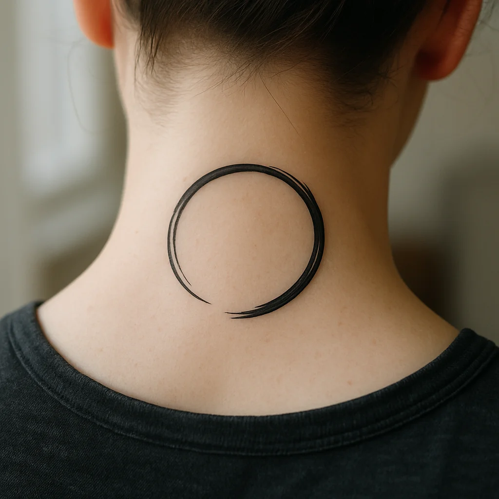 Open unclosed circle tattoo in minimalist style at the nape of the neck
