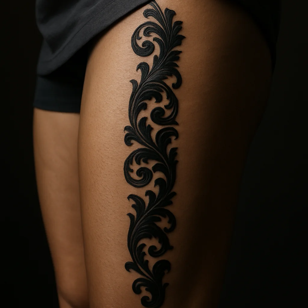 Ornamental baroque filigree strip tattoo running hip to knee on a man's outer thigh