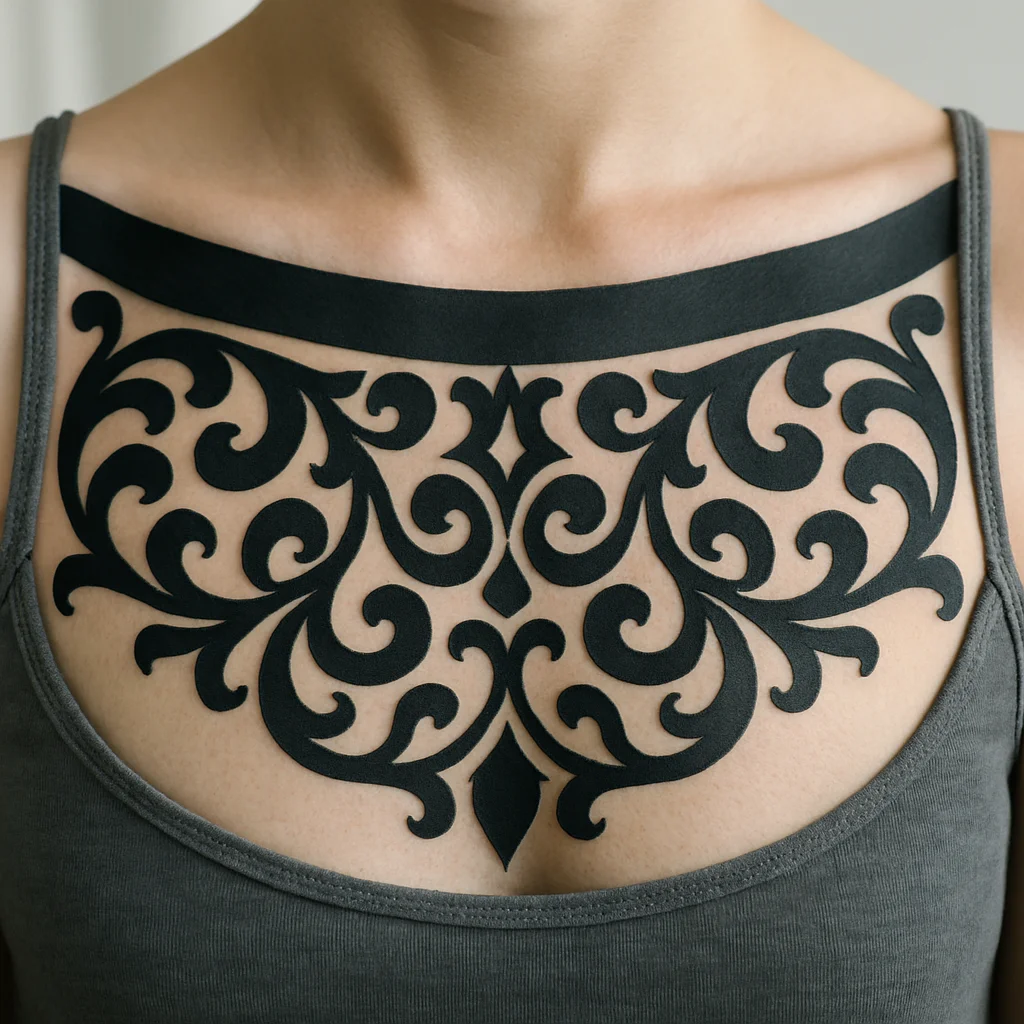 Ornamental blackwork breastplate tattoo across the collarbones and both pecs
