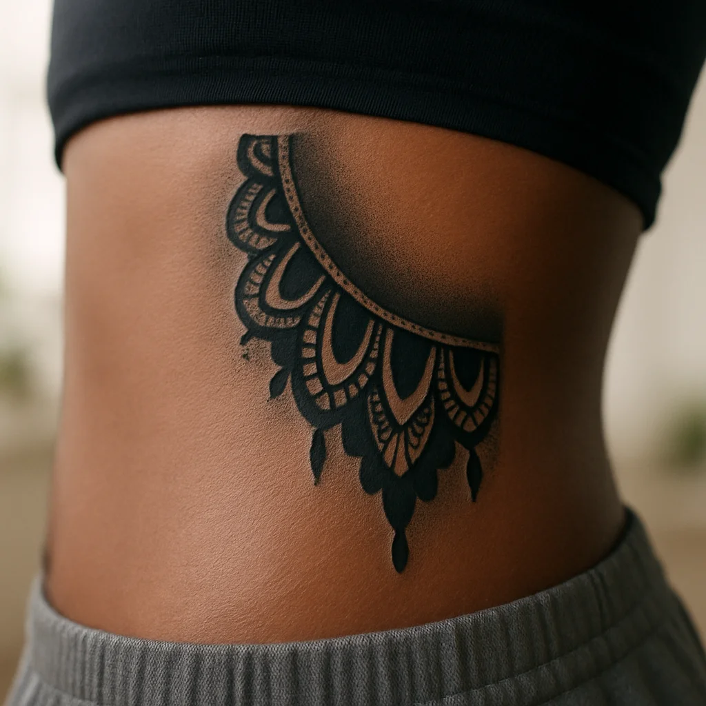 Ornamental blackwork lace panel with stipple shading on the side of the ribcage