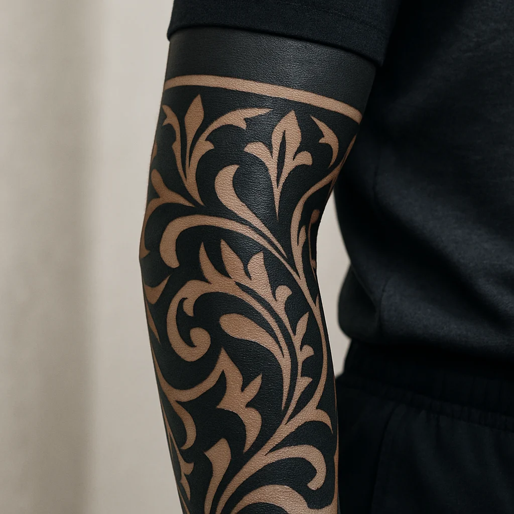 Ornamental blackwork sleeve with solid black shapes and negative space on the outer forearm