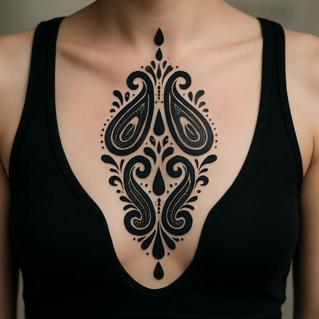Ornamental blackwork sternum column tattoo with mirrored paisley and dotwork panel on a man's chest