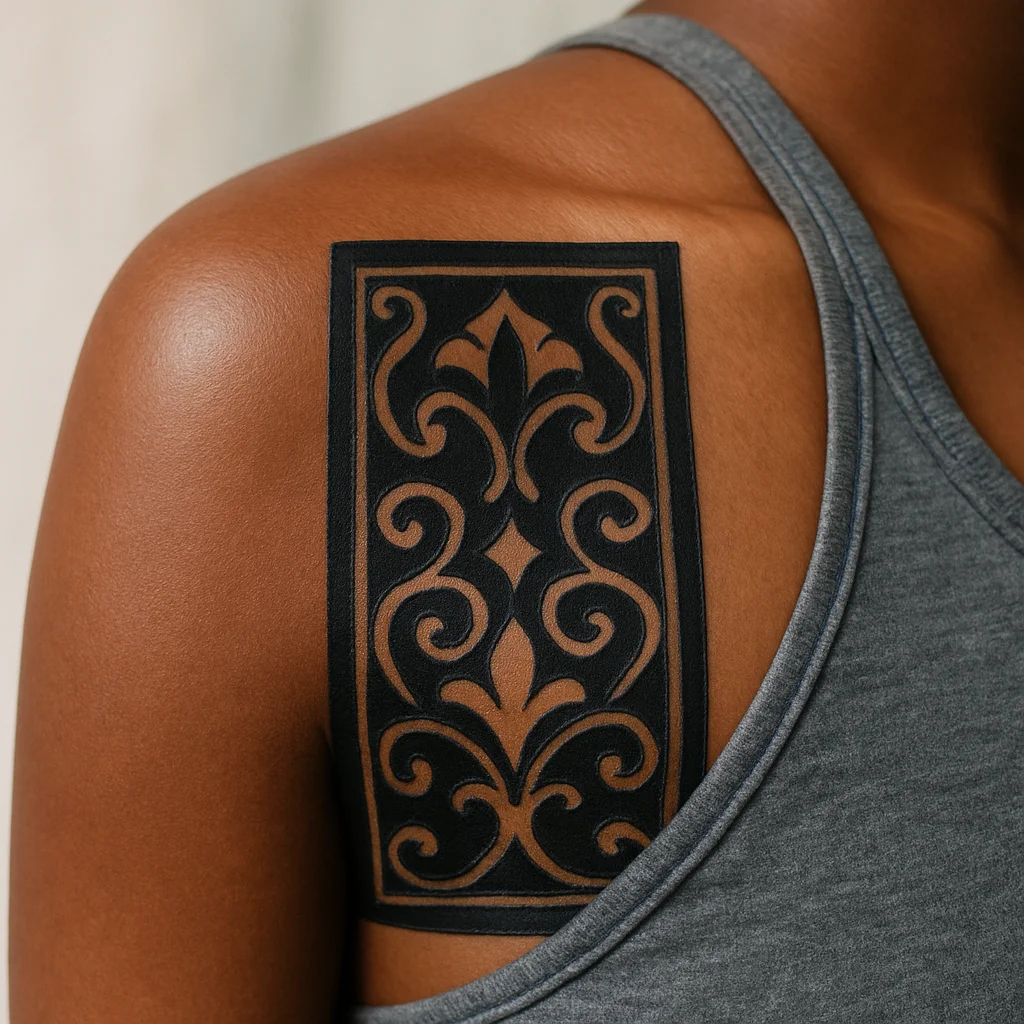 Ornamental blackwork tattoo looking matte and tight on day three across the shoulder blade