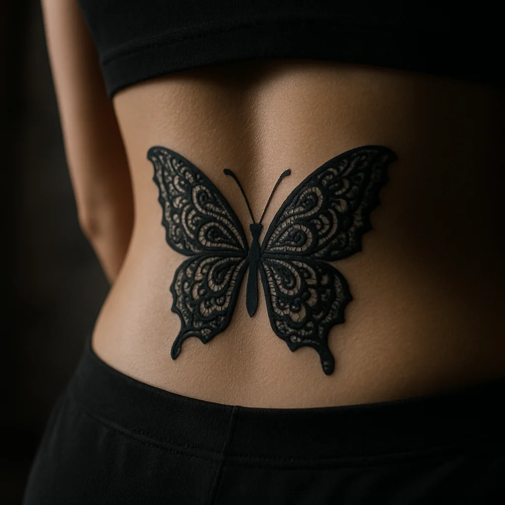 Ornamental butterfly tattoo with lace wing detail centred on the lower back