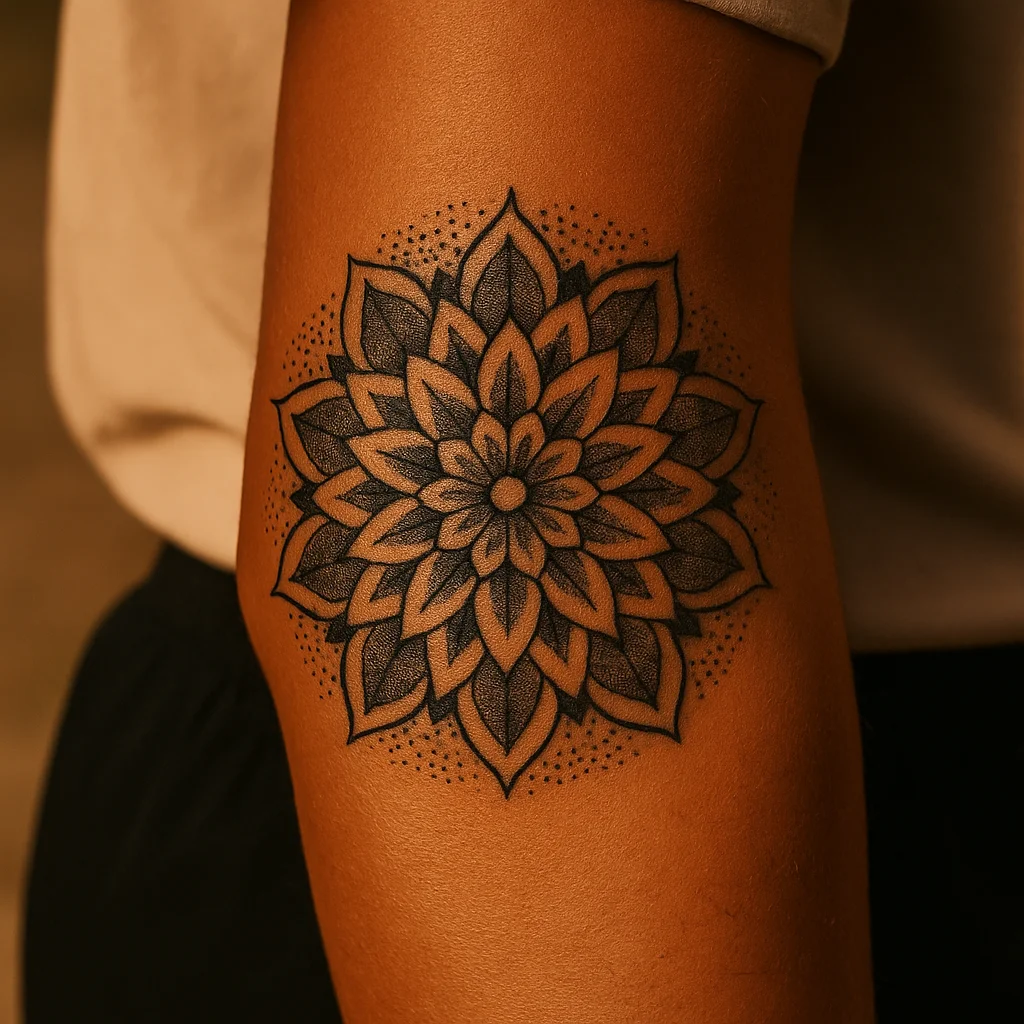 Ornamental dotwork rosette cap centred over the elbow point