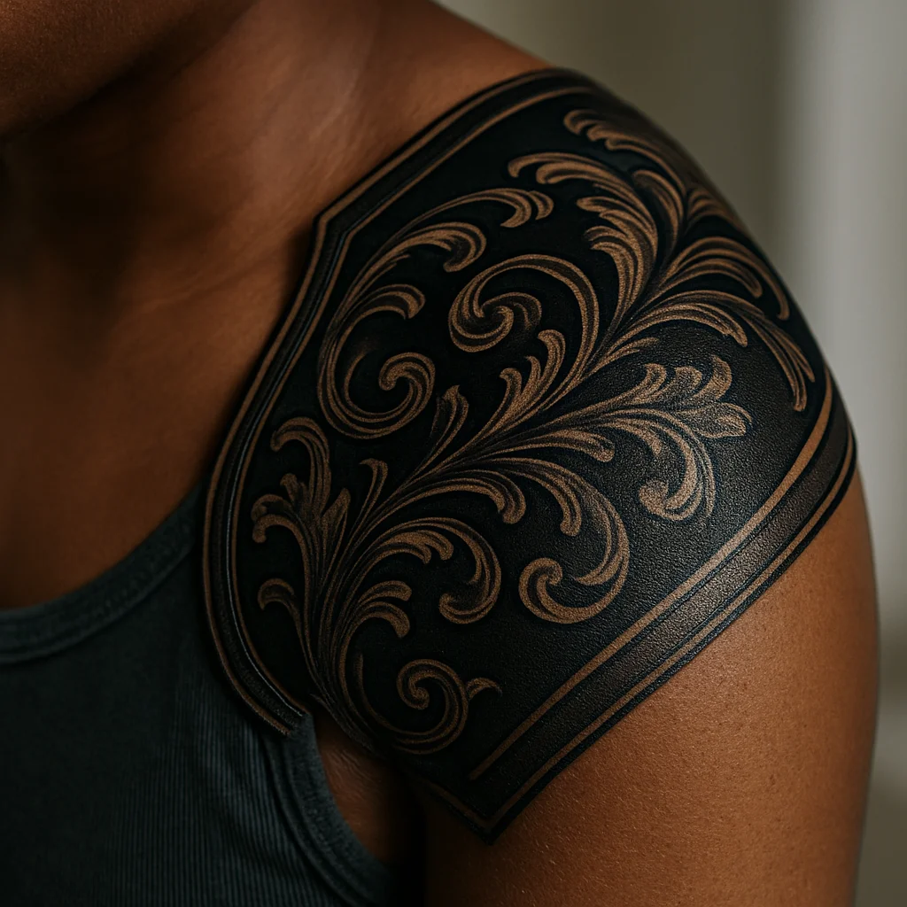 Ornamental filigree armour pauldron in black and grey on the shoulder