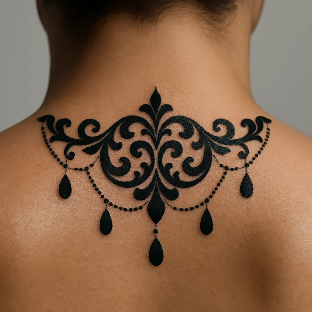 Ornamental filigree chain and teardrop pendant blackwork tattoo draped at the nape and upper back