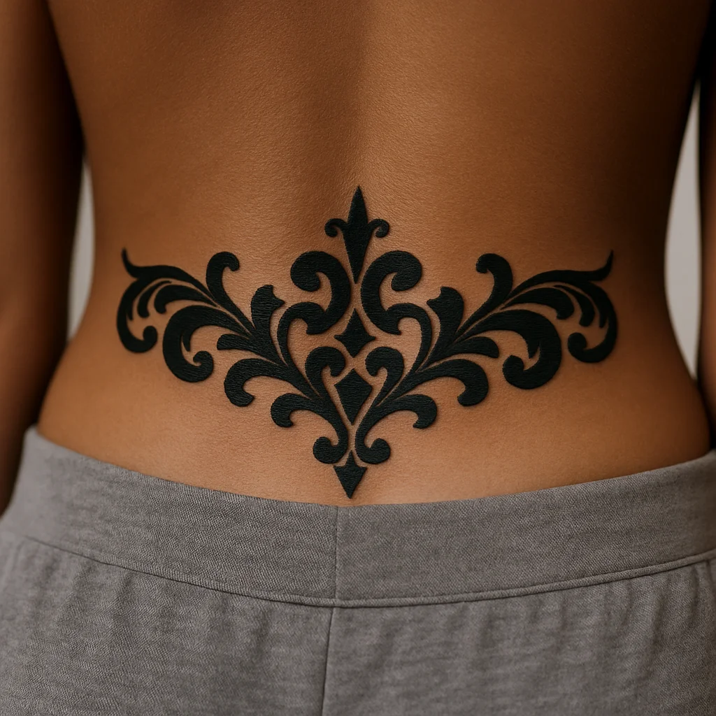 Ornamental filigree scrollwork tattoo arcing across the lower back above the waistband