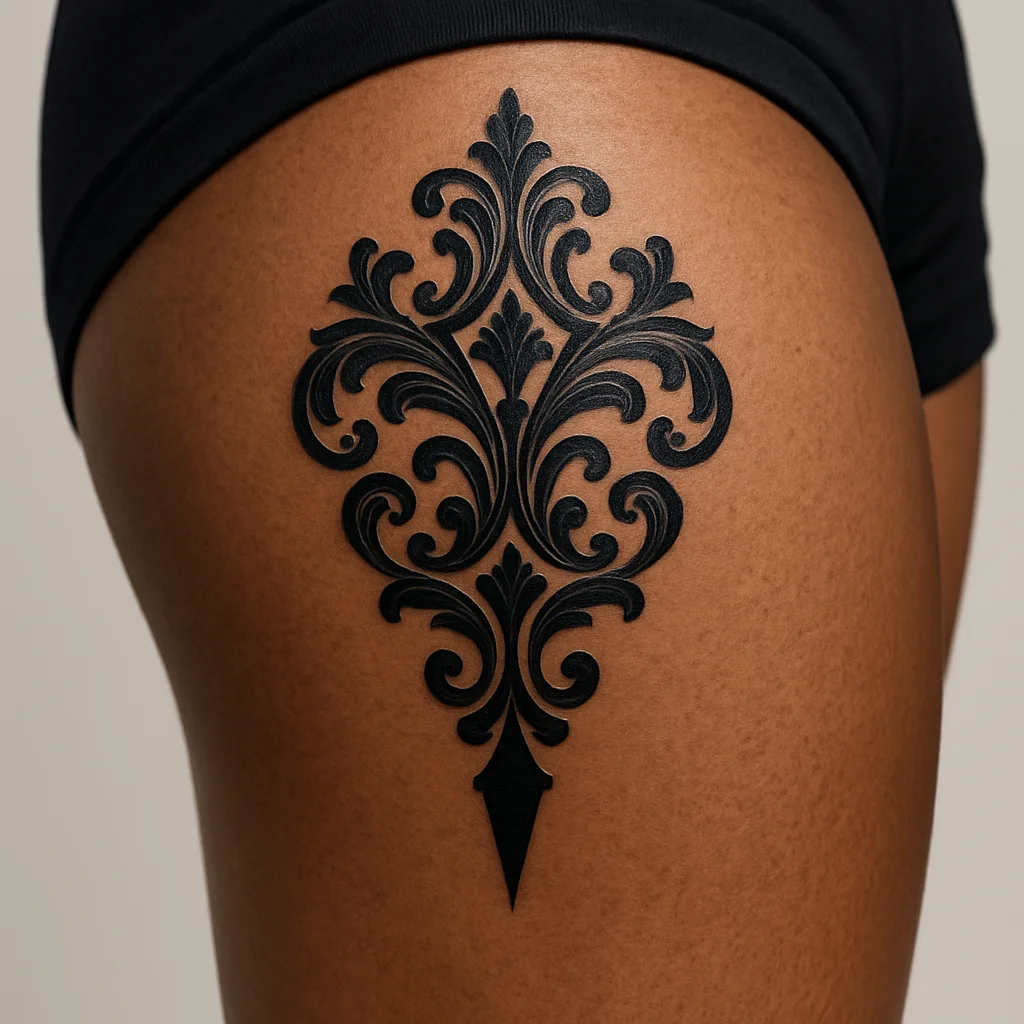 Ornamental filigree teardrop tattoo tapering down the upper inner thigh