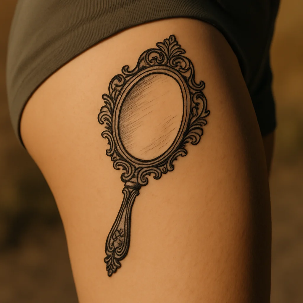 Ornamental hand mirror tattoo with scrolled frame on the mid inner thigh