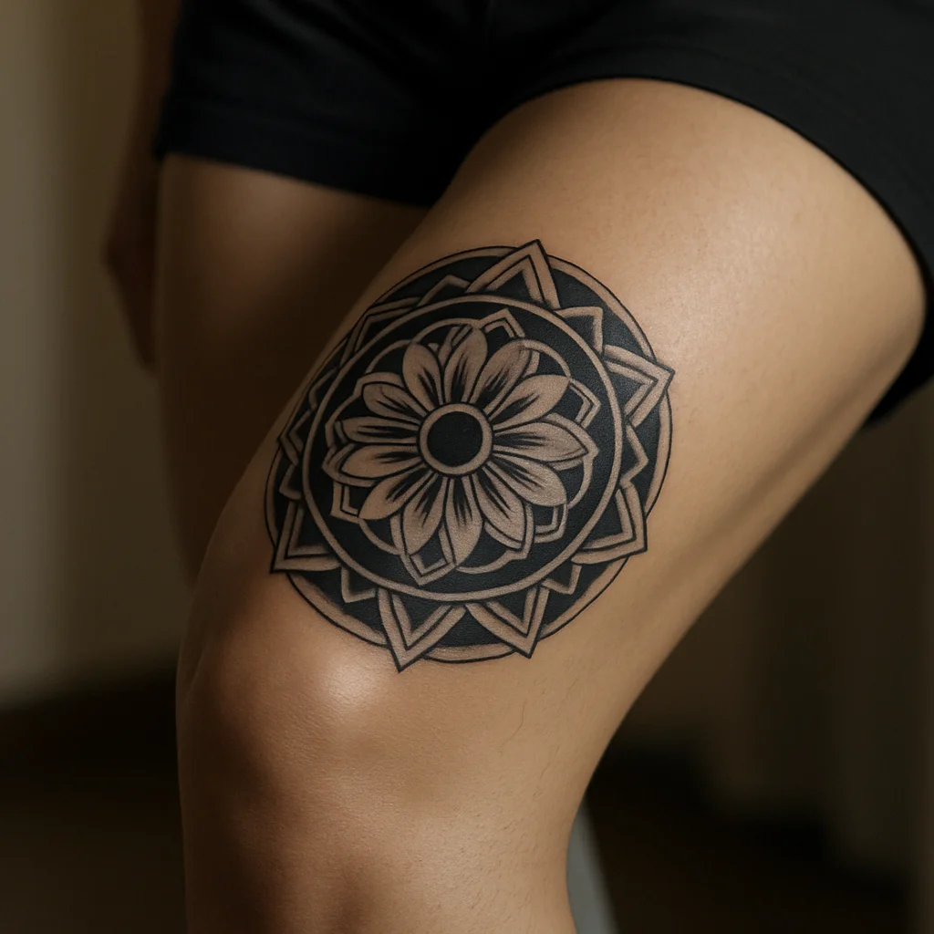 Ornamental rosette over the kneecap linking thigh and calf tattoo work in geometric style