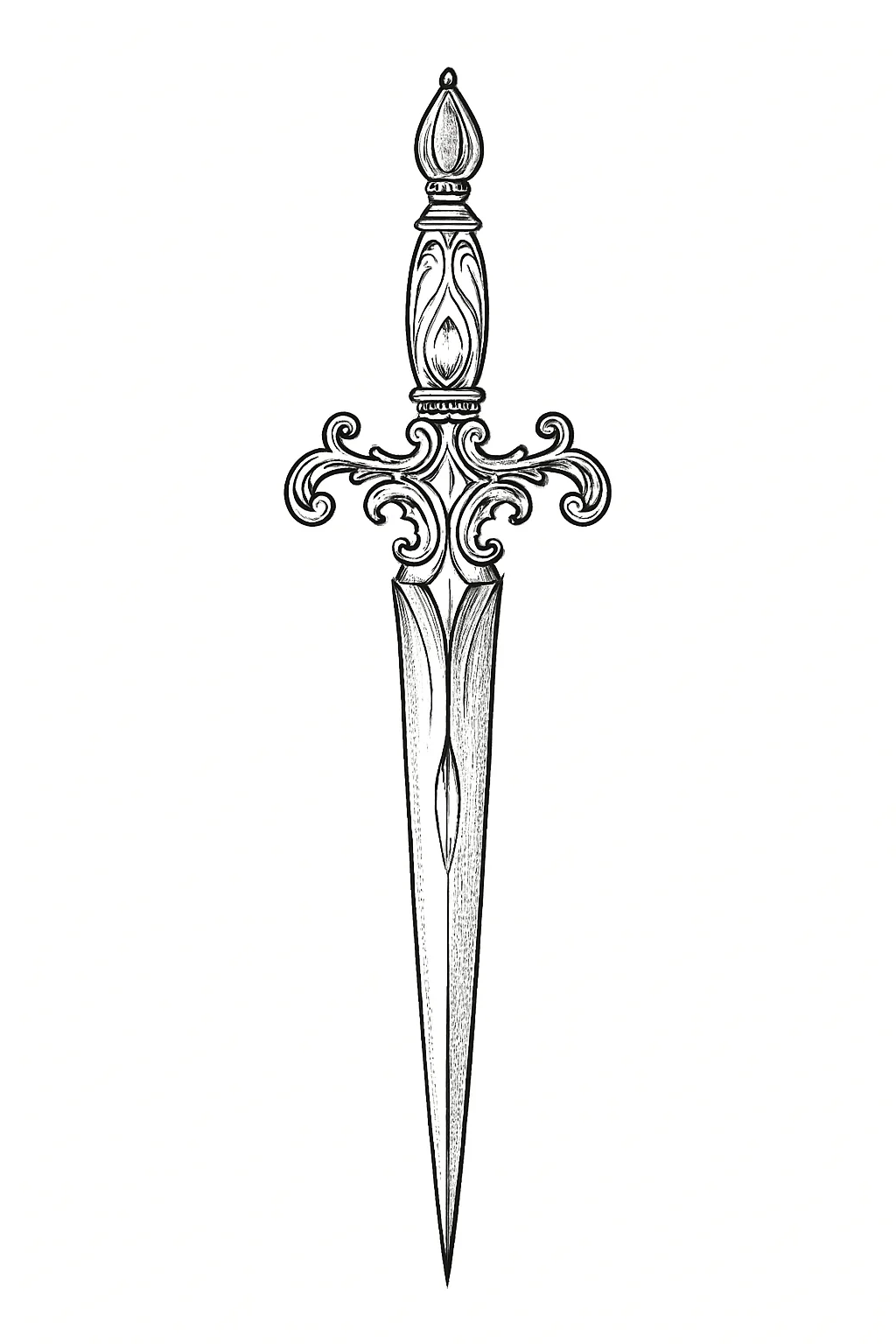 Ornate dagger tattoo design, black fine-line flash