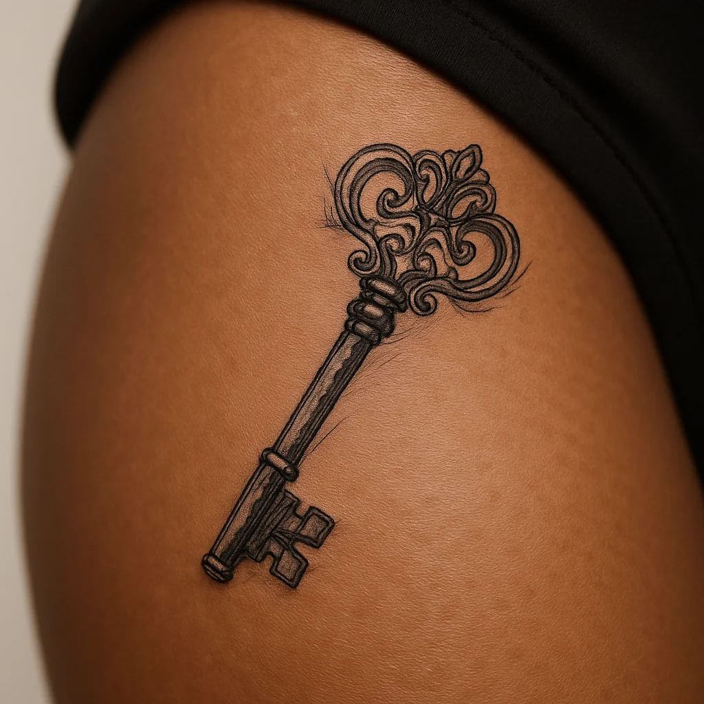 Ornate skeleton key tattoo angled high on the inner thigh in illustrative style