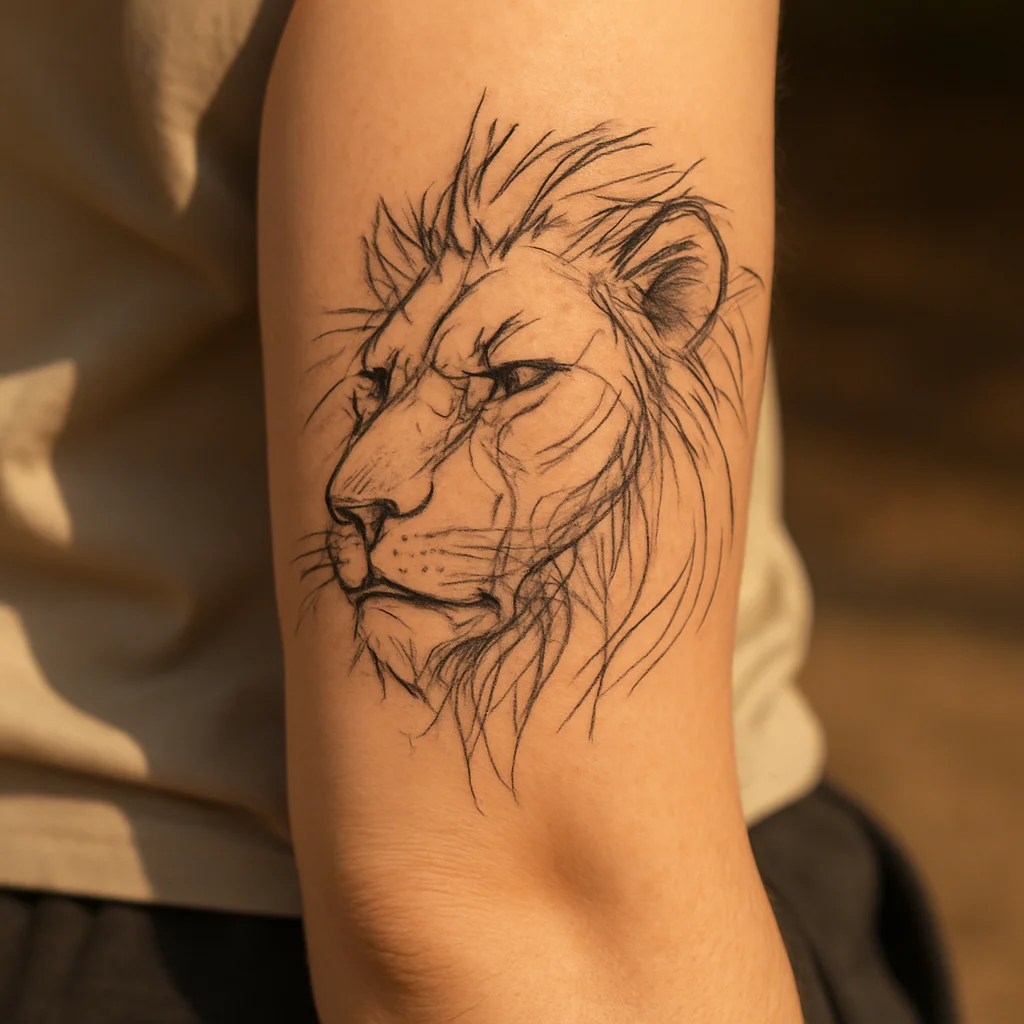 Outlined lion head tattoo in progress midway through a session on a man's outer forearm