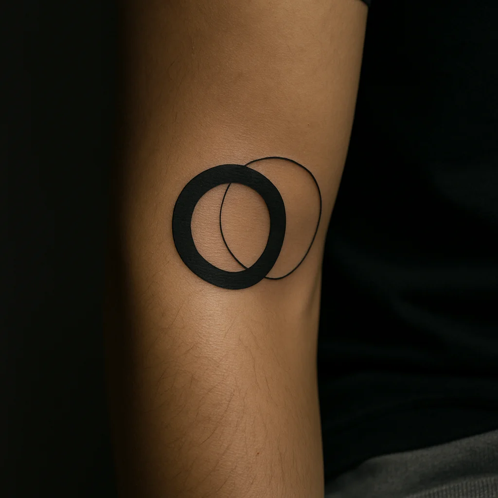 Overlapping circles tattoo in contrasting solid and hairline weights, geometric style, inner forearm