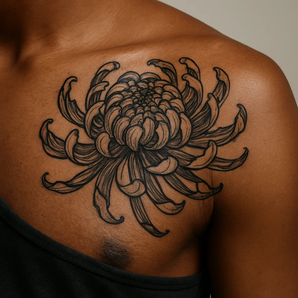Oversized Japanese chrysanthemum tattoo filling one pec in illustrative style
