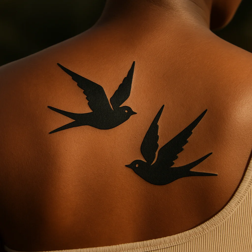 Pair of small black swallow silhouettes tattooed either side of the upper spine