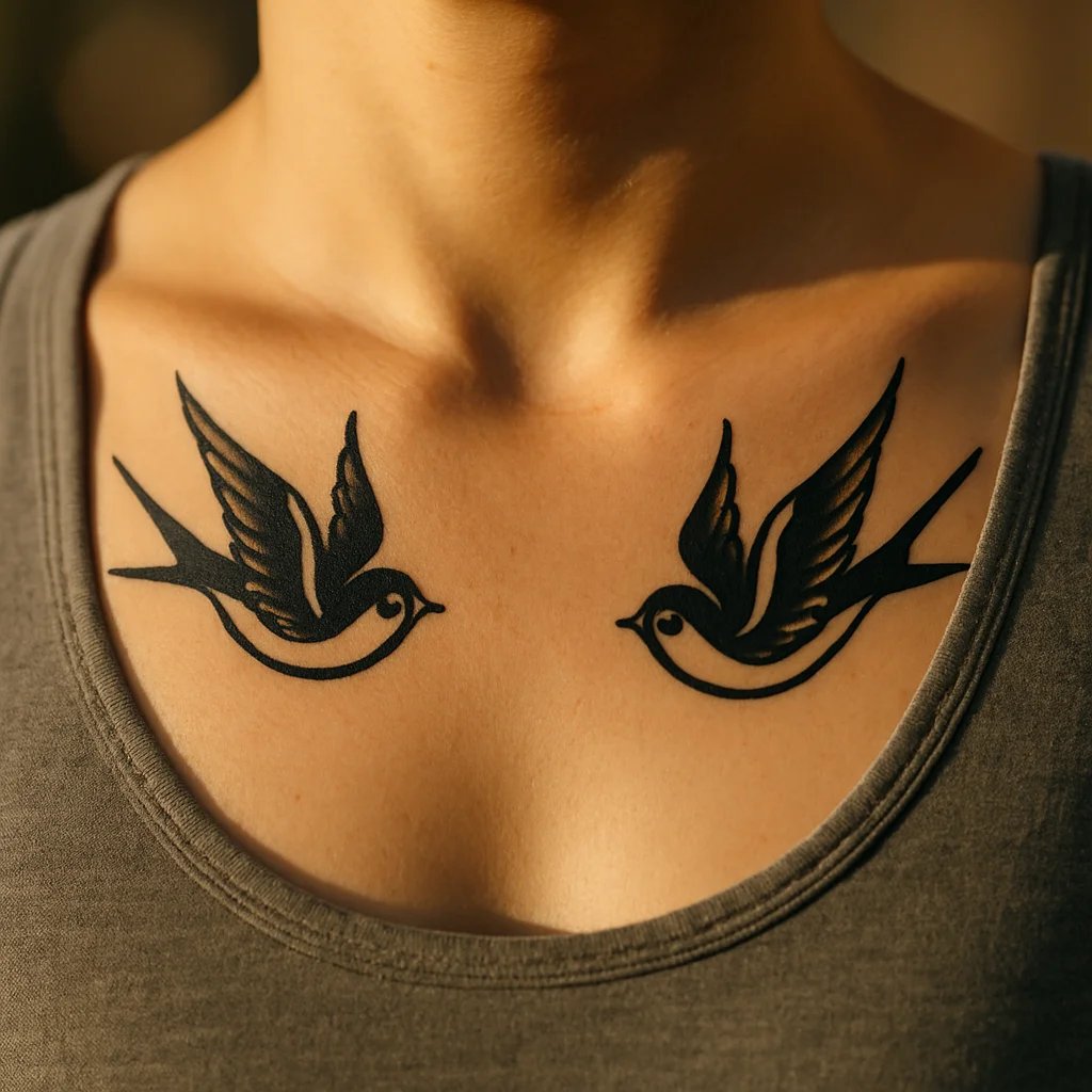 Pair of small traditional swallow tattoos flanking the throat hollow