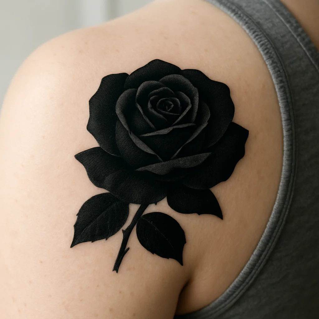 Palm-sized solid black rose in blackwork style on a shoulder blade, a common mid-tier size for laser removal pricing