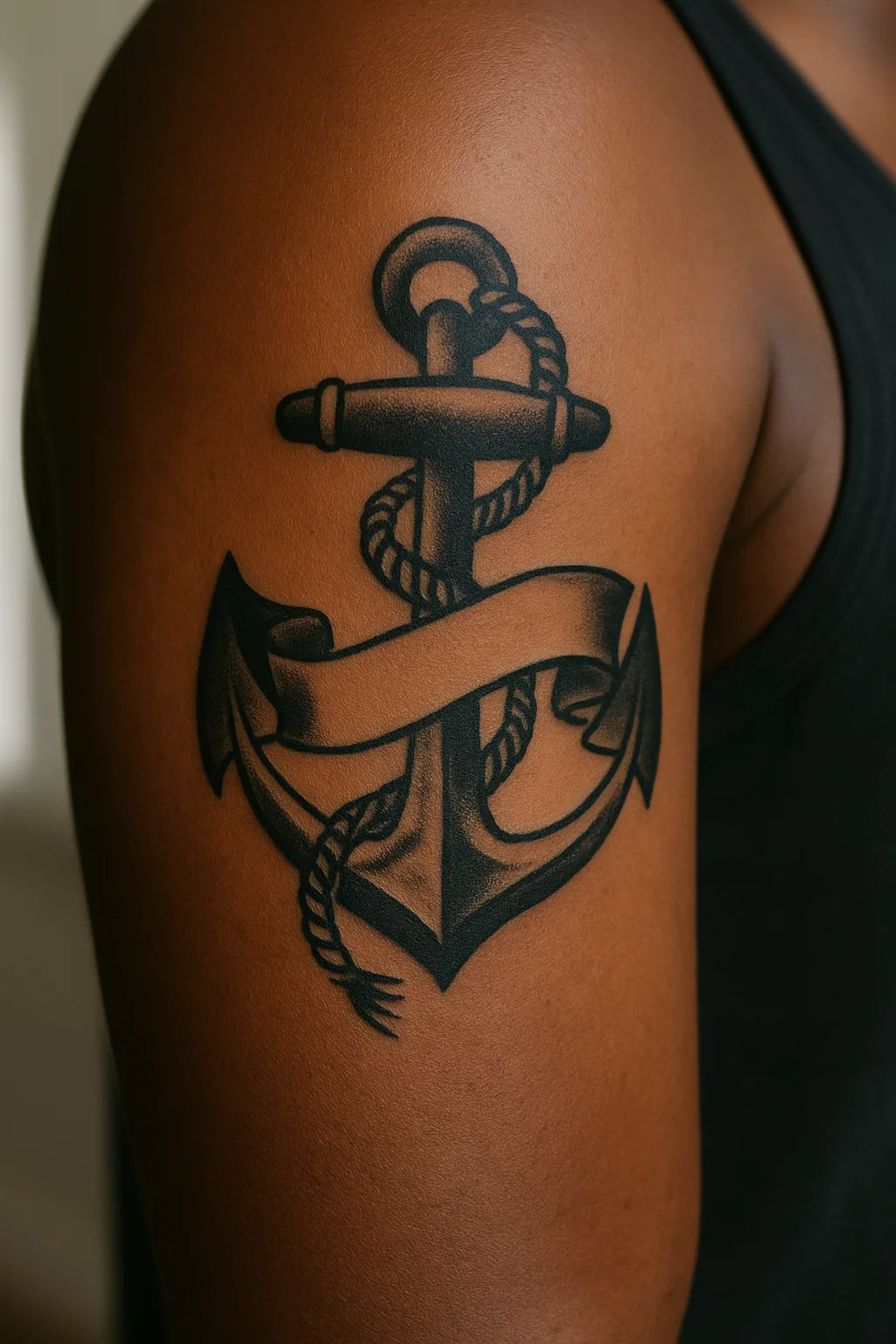 Palm-sized traditional anchor with rope and banner tattooed on the upper arm