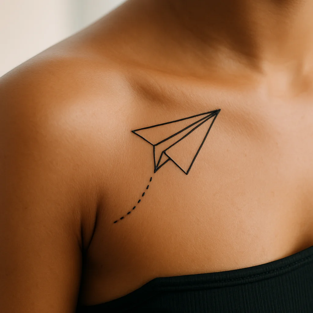 Paper aeroplane with a dotted trail tattooed in minimalist style on the shoulder