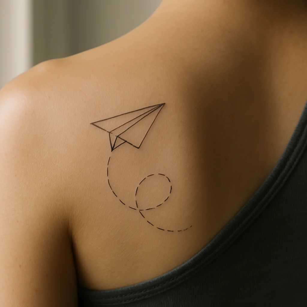 Paper plane with dashed flight line, fine-line tiny tattoo on the shoulder blade