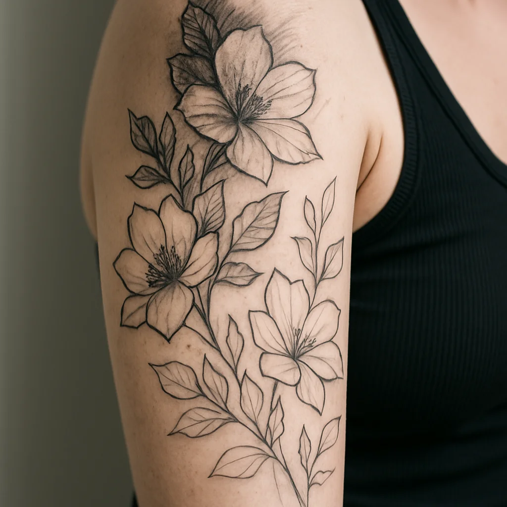 Partly finished floral half sleeve with completed outlines and shading in progress on the upper arm