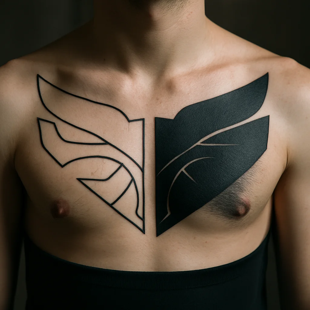 Partly finished symmetrical chest plate tattoo outlined across both pecs showing multi-session work
