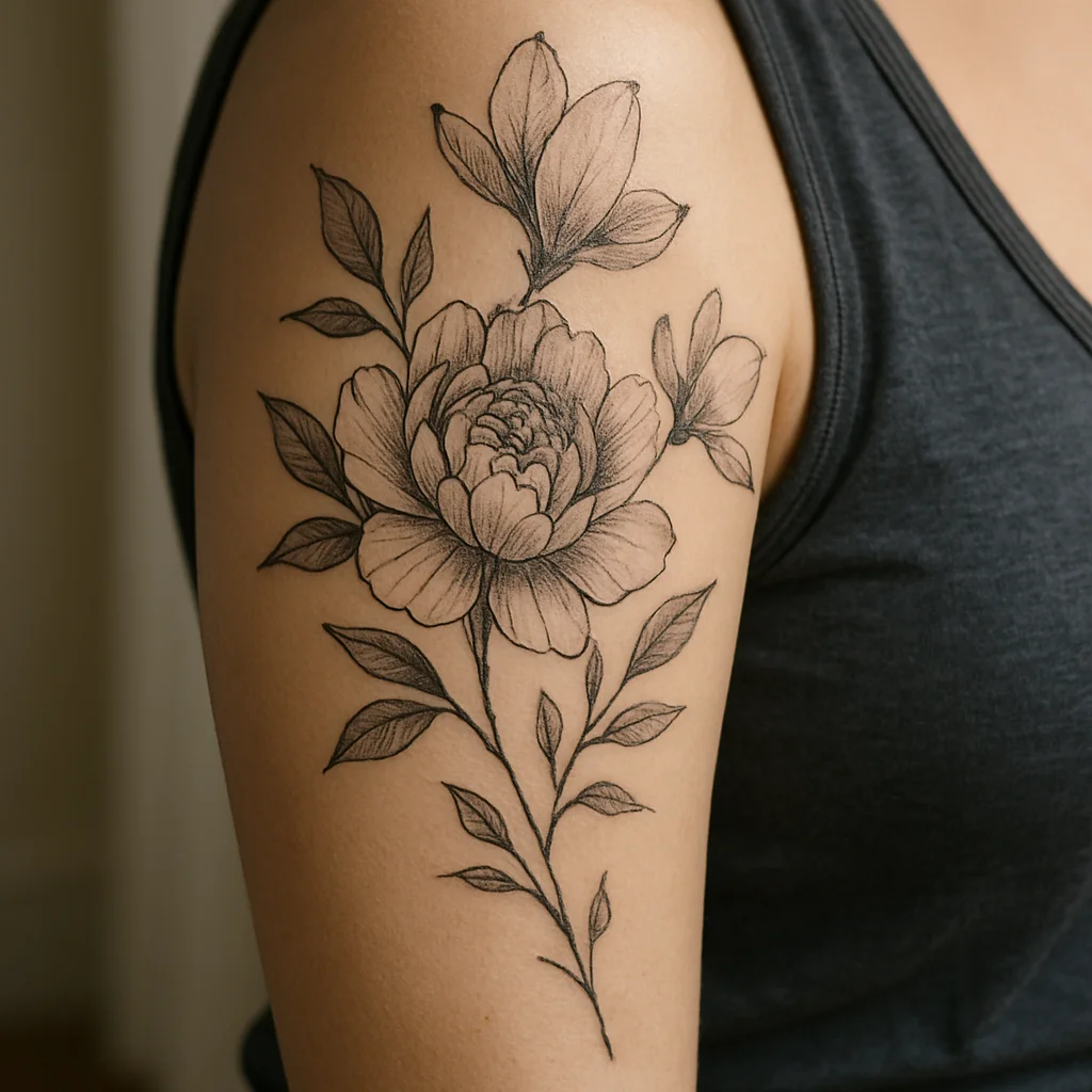 Peony and magnolia half sleeve wrapping the deltoid with tapering branches, illustrative style on the upper arm