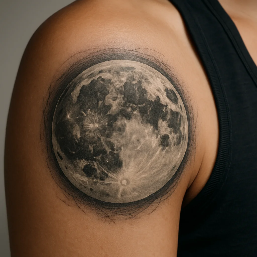 Photoreal black and grey full moon tattoo on a woman's shoulder cap with soft halo shading