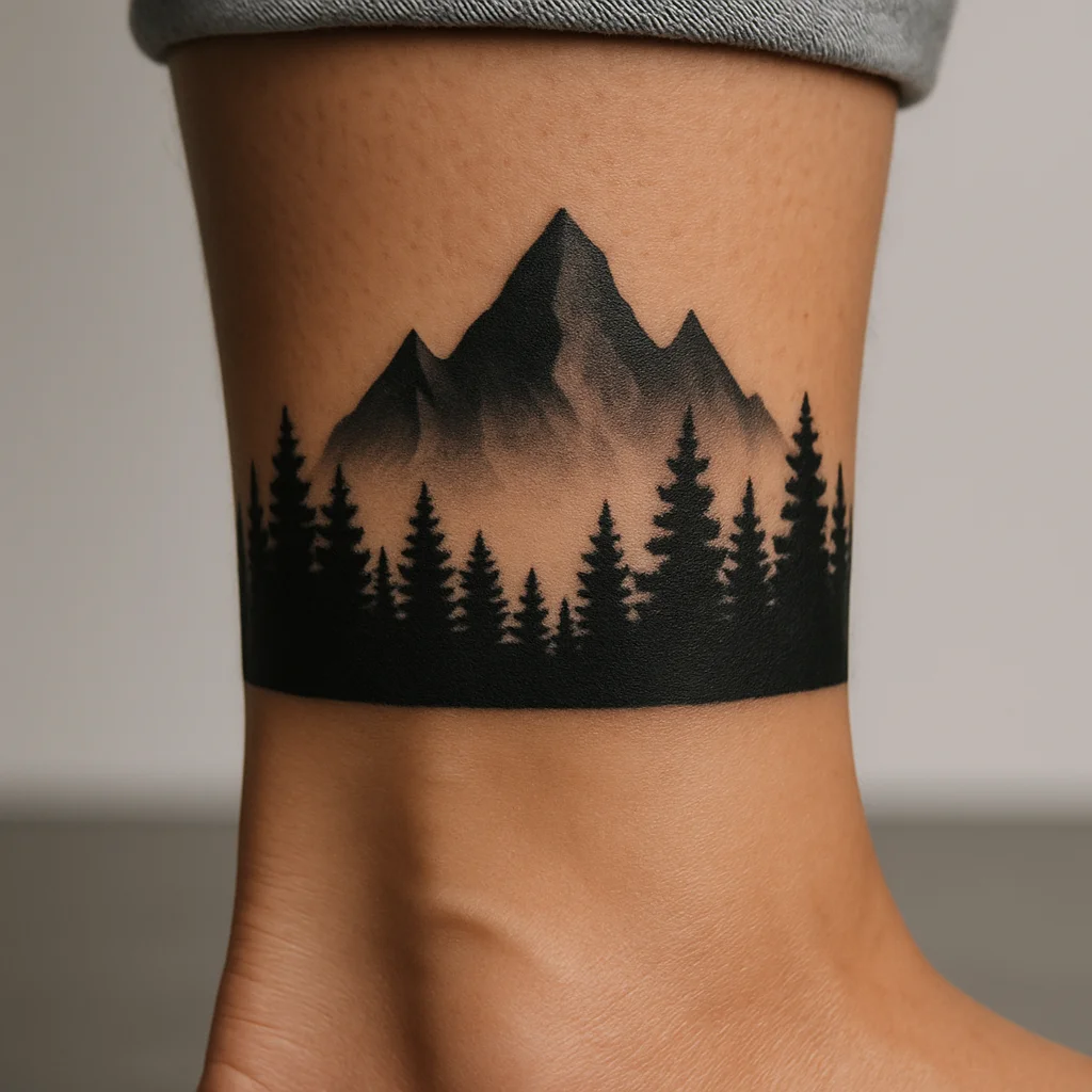 Pine treeline ankle band tattoo with silhouetted peaks rising toward the calf