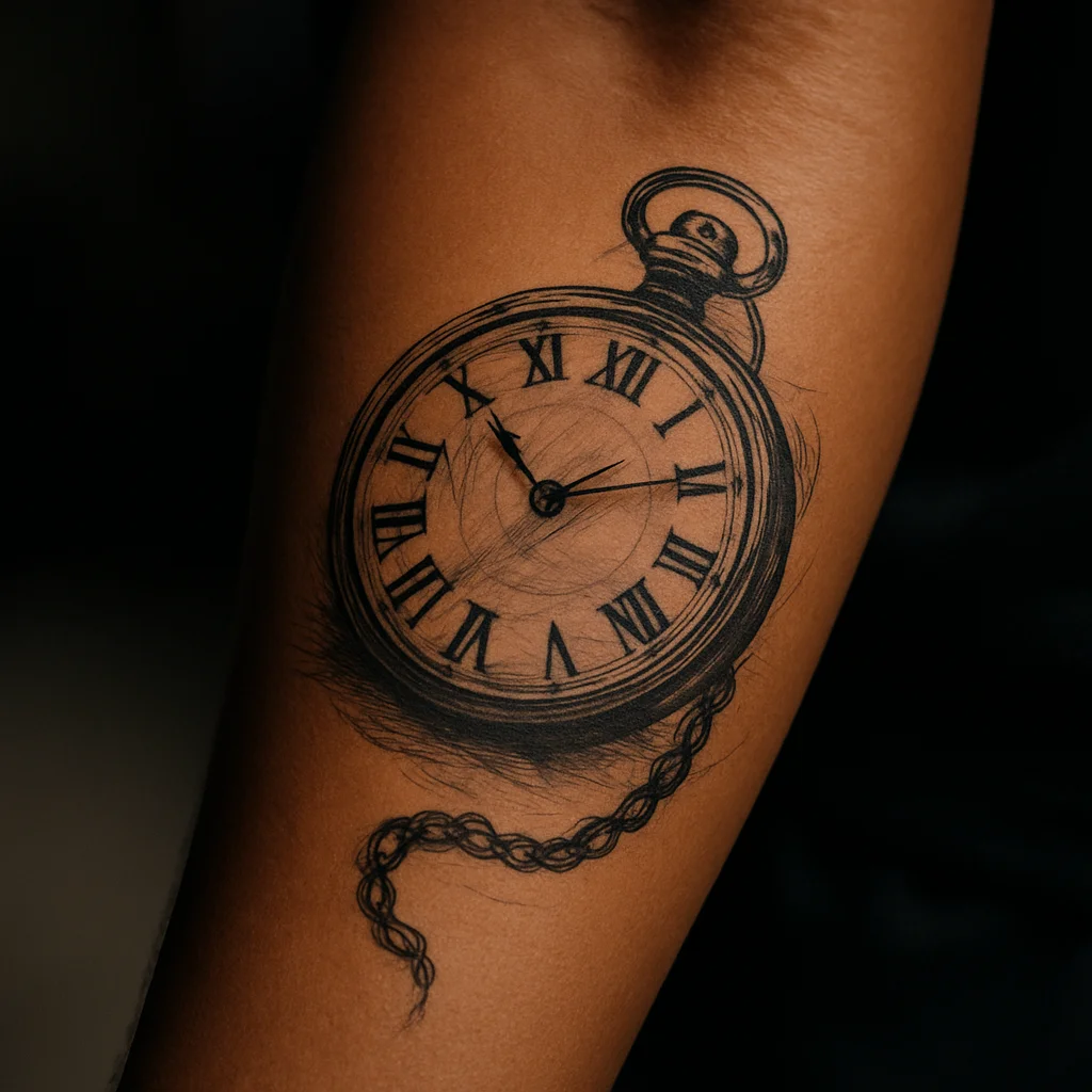 Pocket watch tattoo with roman numerals and chain on a man's inner forearm