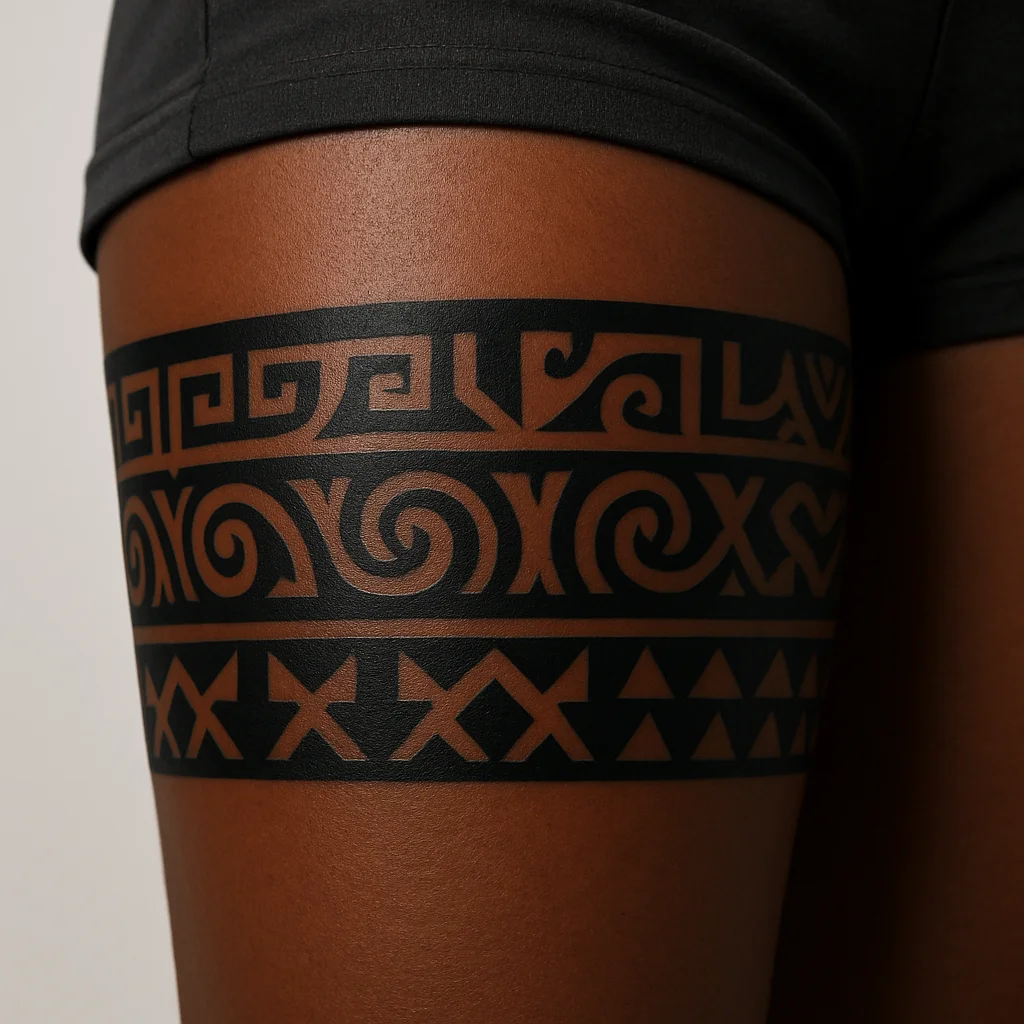 Polynesian-inspired blackwork band tattoo circling a man's upper thigh