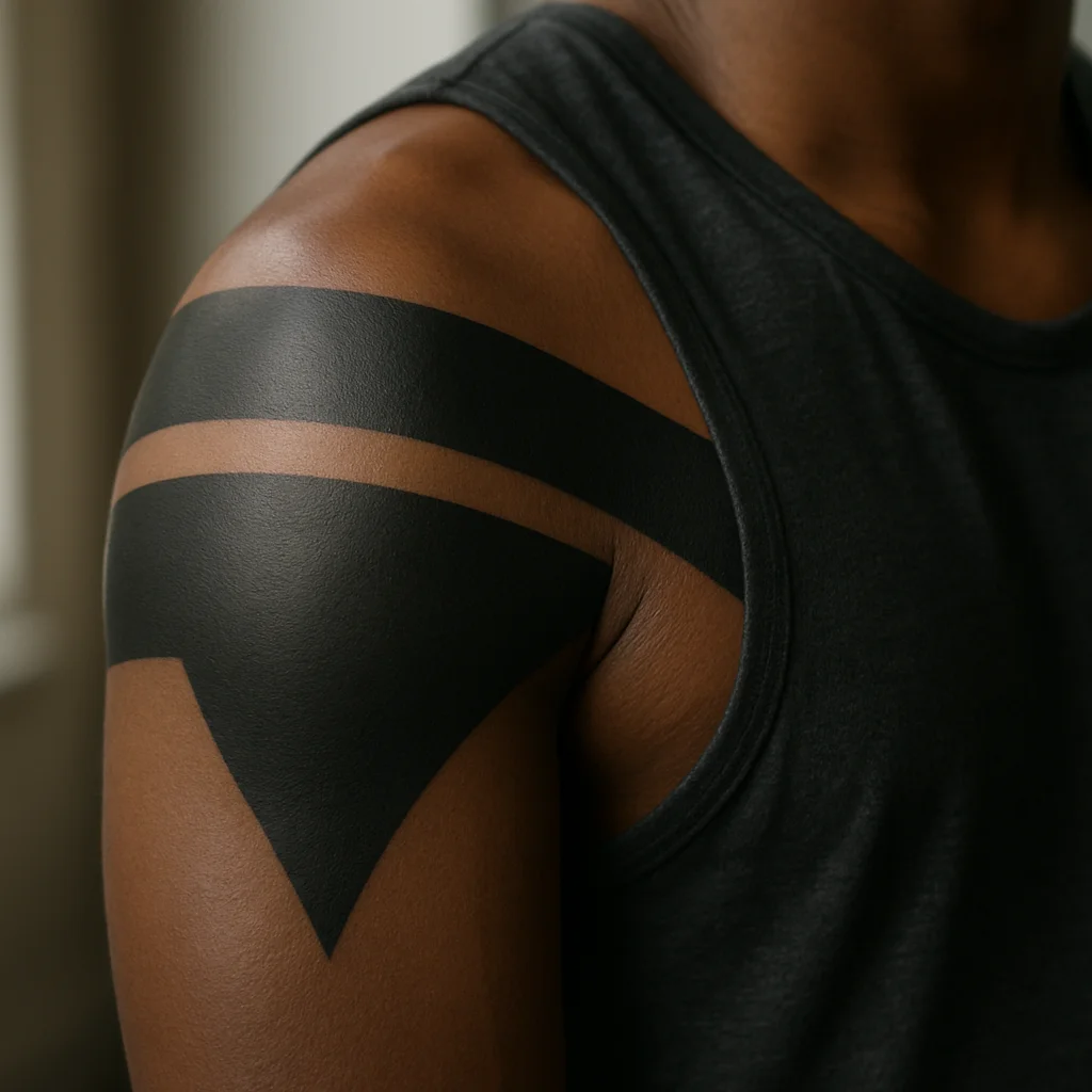 Polynesian style blackwork shoulder cap tattoo hooking onto the upper chest