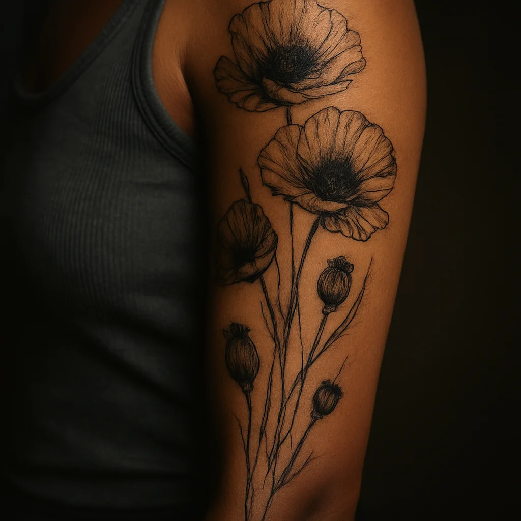 Poppy field sleeve with whip-shaded seed pods in black and grey on a woman's arm