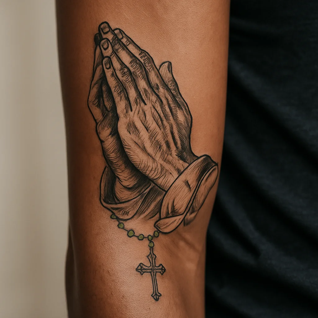 Praying hands and rosary in black and grey realism on the inner forearm