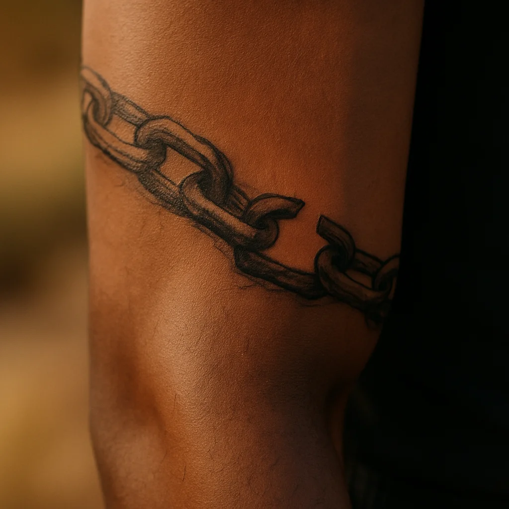 Realistic chain link band with one broken link on a man's outer forearm