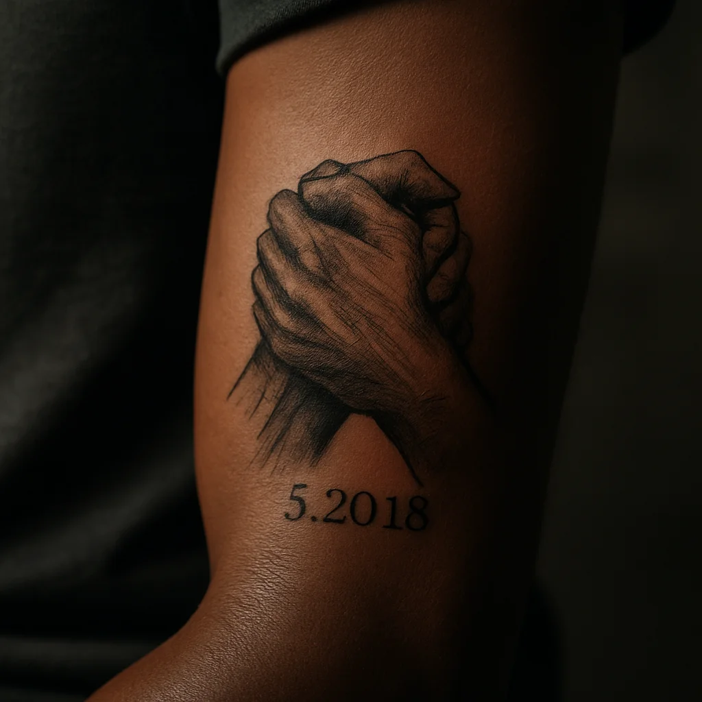 Realistic clasped hands memorial tattoo with an engraved date on a man's outer forearm