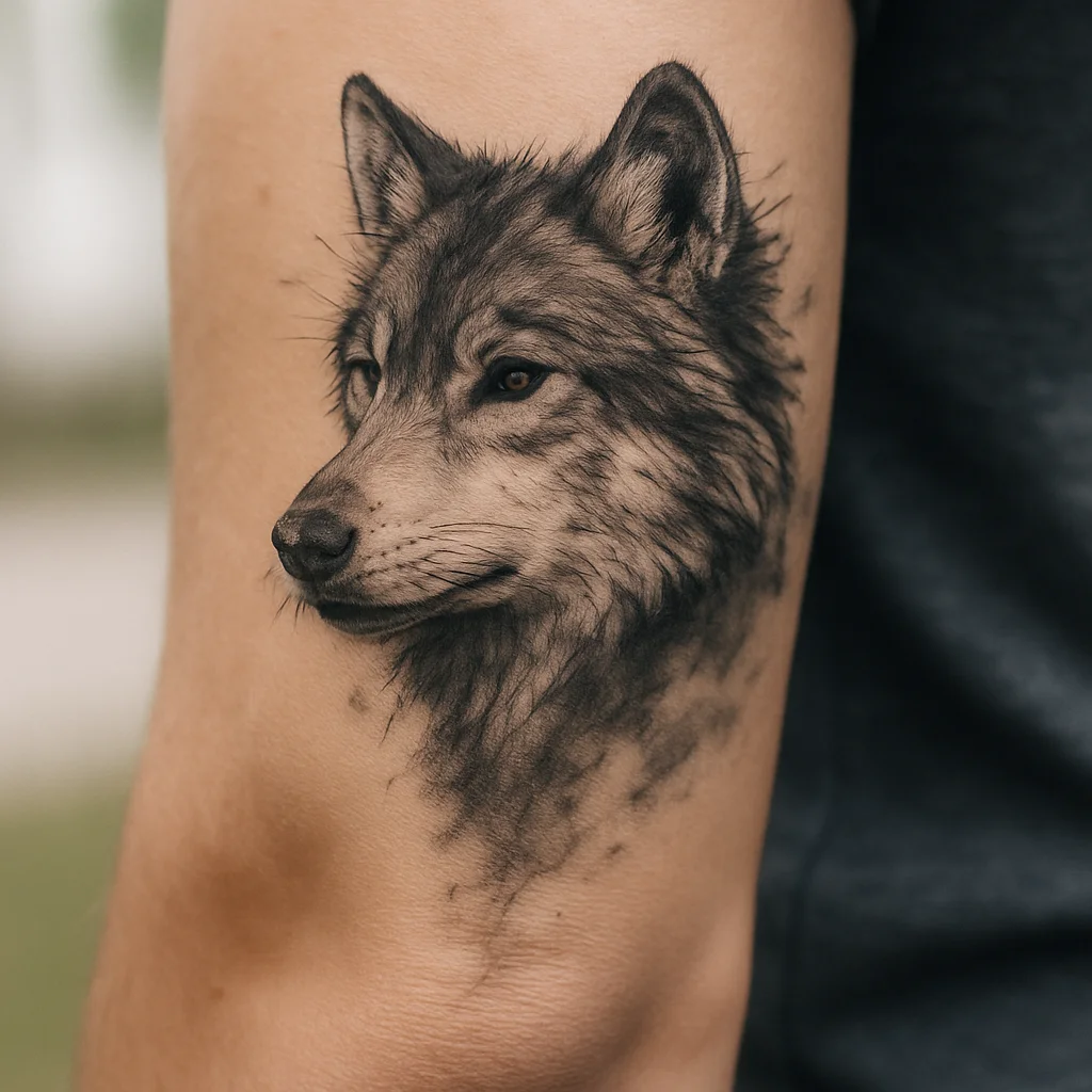 Realistic grey wolf head fading into mist wrapping the outer forearm
