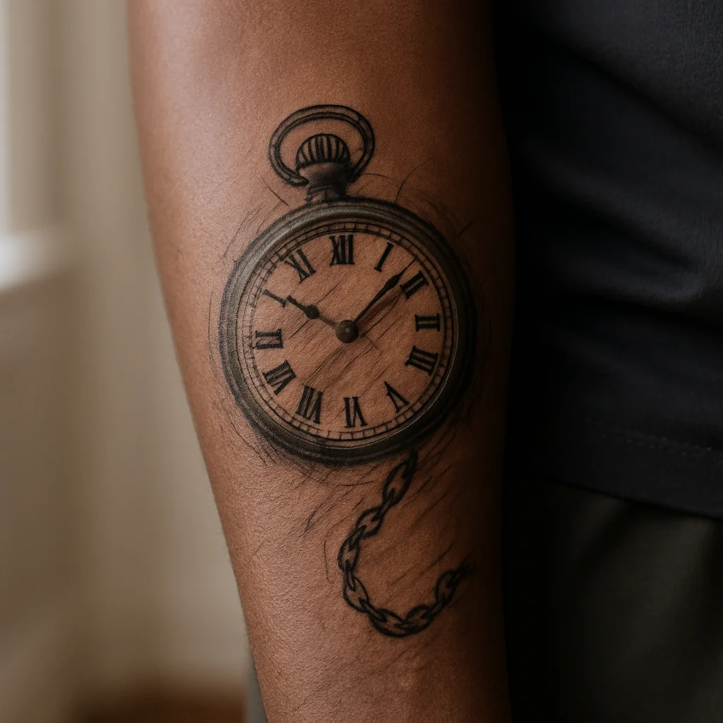 Realistic pocket watch with trailing broken chain tattooed along a man's inner forearm