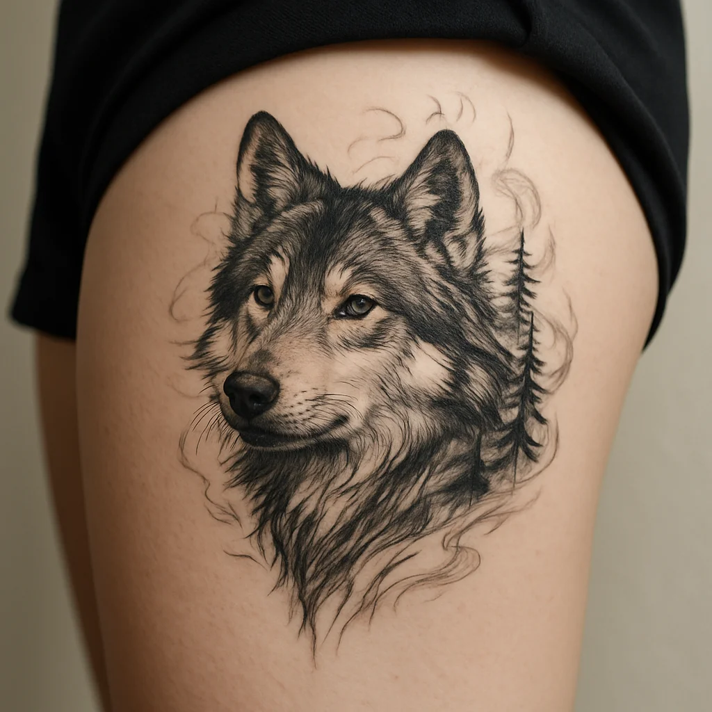 Realistic wolf portrait on the outer thigh with pine and smoke background
